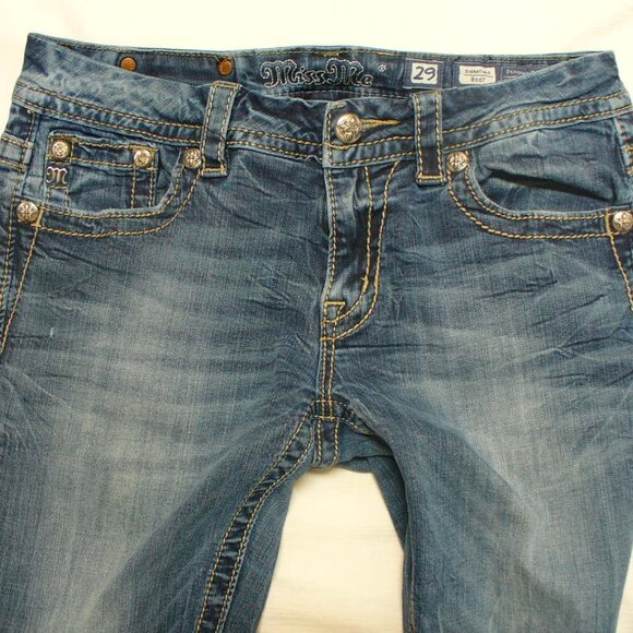 Miss Me Blue Boot Cut Jeans with Gold Accents - Picture 2 of 9